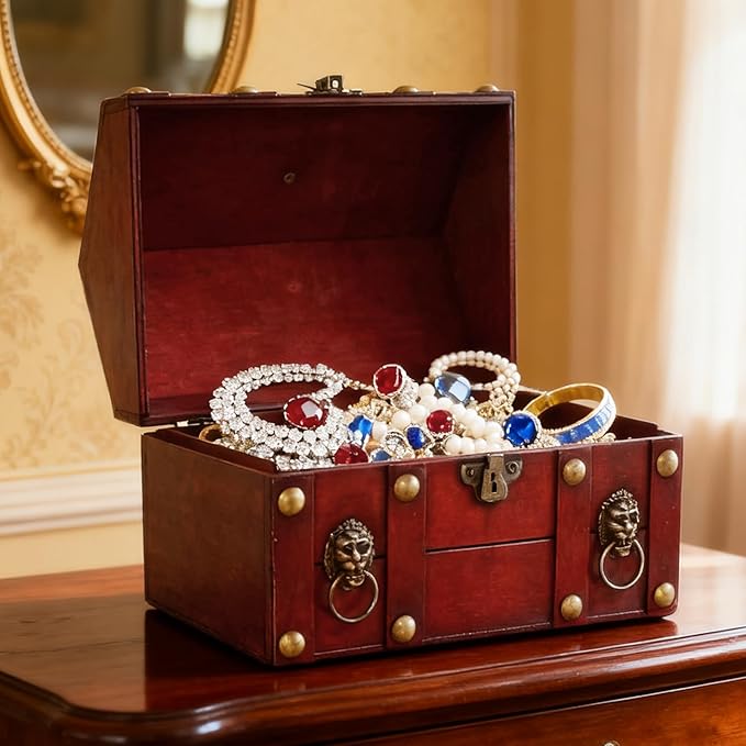 Large Vintage Wooden Treasure Chest Antique Box with Metal Lock | Wood Jewelry Box Storage Decorative Boxes Handmade Rectangle Organizer for Women Ring Necklace Earring Coins Collectibles