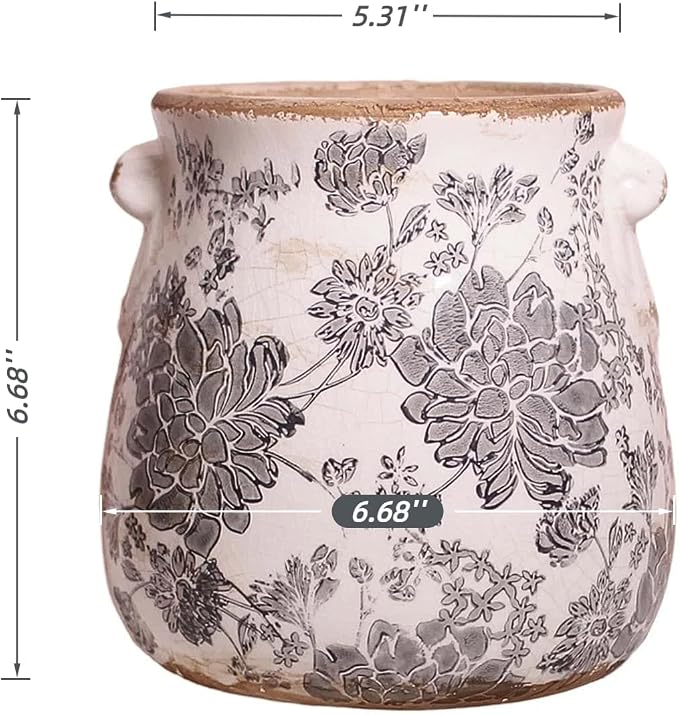 Tuscan Ceramic Planter & Vase, 6.68" Indoor/Outdoor Decorative Plant Pot | Unique Boho Flower Pot with Drainage, French Country Decor, Room & Home Ornament, Plant Gifts for Women, Vintage Grey