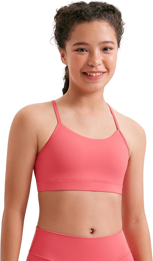 CRZ YOGA Girls Butterluxe Y Back Sports Bra - Yoga Athletic Casual Tops Scoop Neck Spaghetti Strap Padded Crop Kids Teen