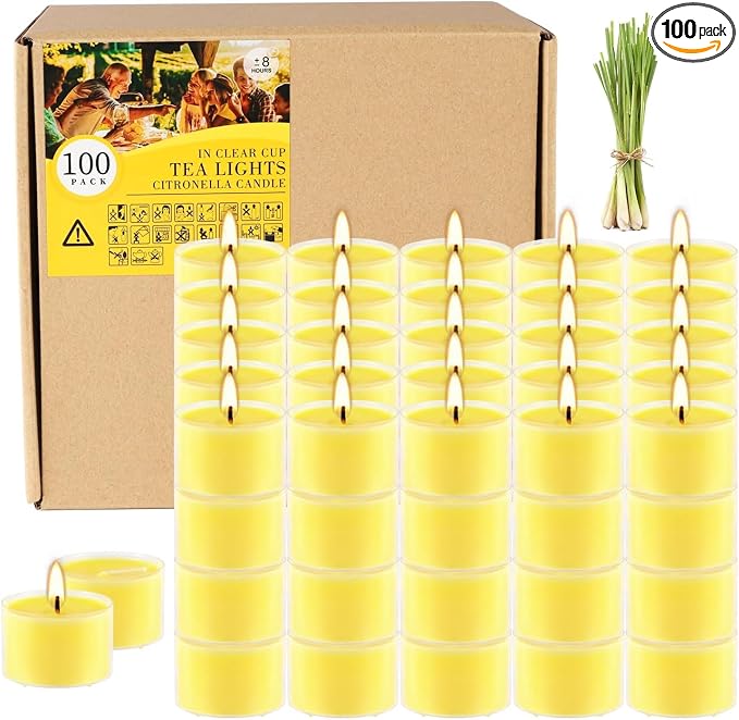 Fclayvts 8-Hour 100 Pack Citronella Tealight Candles, Outdoor and Indoor Summer Scented Candle,Natural Soy Wax Candle for Home Patio Garden Yard Balcony,BBQ Birthday Emergency