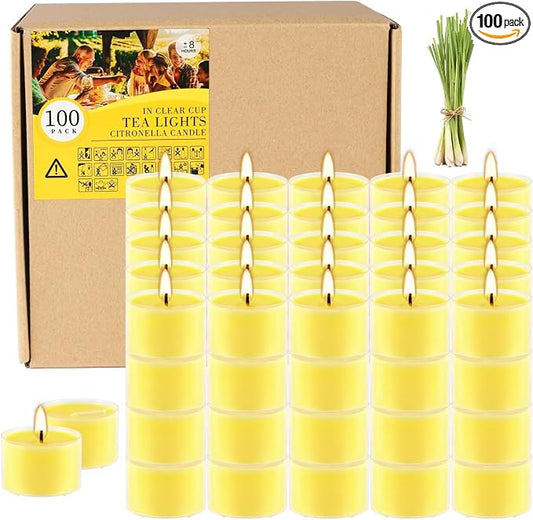 Fclayvts 8-Hour 100 Pack Citronella Tealight Candles, Outdoor and Indoor Summer Scented Candle,Natural Soy Wax Candle for Home Patio Garden Yard Balcony,BBQ Birthday Emergency
