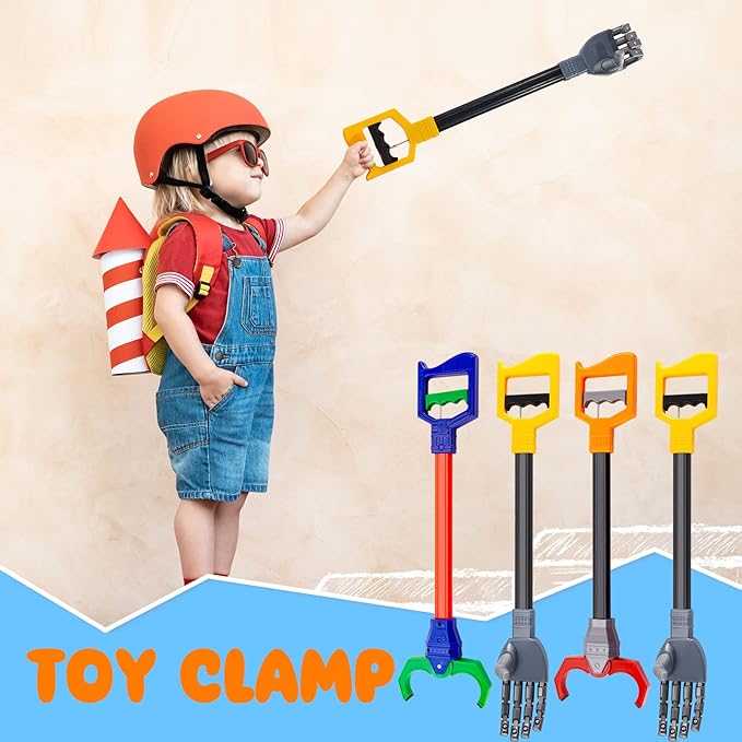 Lewtemi 4 Pcs Interactive Grabber Toy for Kids Claw Robot Arm Pack Reacher Pickup Tool for Boys Girls Children Fun Early Learning and Hand Eye Coordination Play, 18 Inch (Red,Blue,Gray)