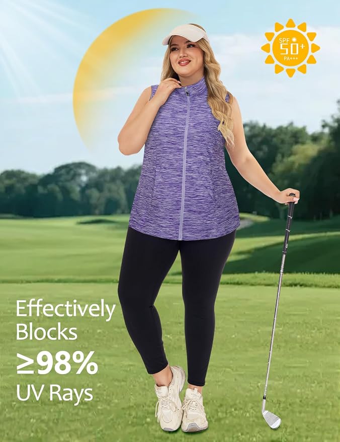 Misyula Style Plus Size Womens Golf Shirt Full-Zip with Pockets Tank Tops | Sleeveless, Quick Dry, Moisture-wicking, Lightweight Vests, Athletic, Tennis, Running, Workout, Casual, Travel, Work