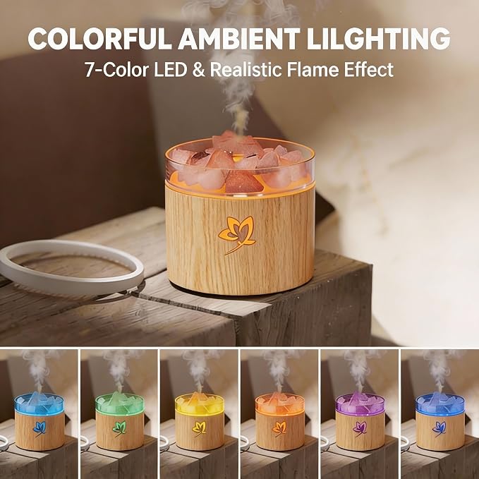 4-in-1 Ultrasonic Crystal Salt Stone Aromatherapy Diffuser & Humidifier - 7-Color LED Dreamy Flame Light, Auto Shut-Off, 2 Modes | Home/Office/Yoga (Wood Grain)