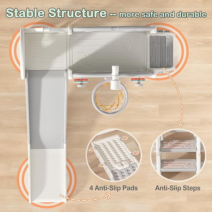 BIERUM 9 in 1 Toddler Slide Set - Baby Slide for Toddlers 1-3 with Ring Toss and Basketball Hoop, Indoor Outdoor Toddler Playset Playground Beige Gray