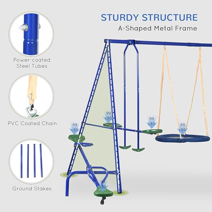 Outsunny Swing Set for Backyard, 5 in 1 Outdoor Playset for Kids with Heavy-Duty A-Frame Stand, 29.5" Saucer Swing, Slide, Teeter-Totter, Glider, 693 Lbs Load, Blue