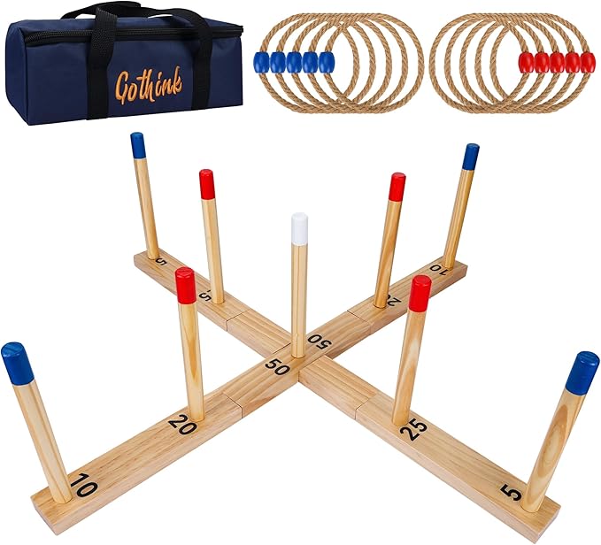 Gothink Extra Large Ring Toss Game for Adults & Kids, 30" Wooden Ring Toss Game Outdoor Fun with 9 Poles, 10 Rings and Carrying Bag Easy to Set Up & Compact Carry Portable Yard Games Toys Gifts