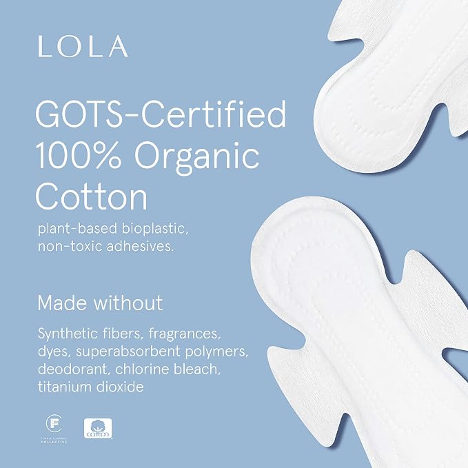 LOLA Cotton Pads - Ultra Thin Pads with Wings - Organic Cotton Hypoallergenic Material - Organic Panty Liners - 36 Count, Regular