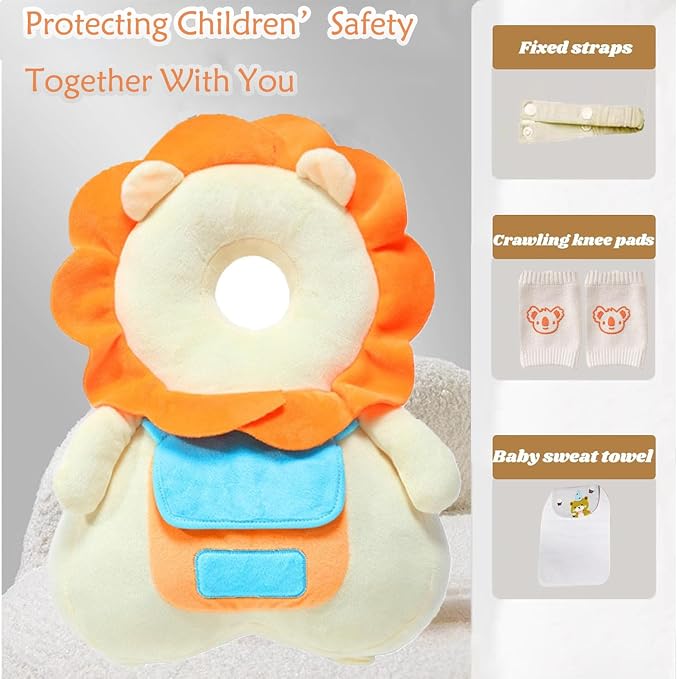 Baby Head Protector, Adjustable Baby Head Protection Backpack with Baby Knee Pads for Walking & Crawling, Soft, Breathable and Wearing Safety Baby Head Protector - Lion