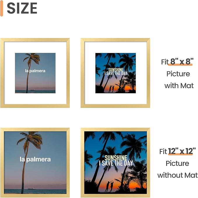 upsimples 12x12 Picture Frame, Display Pictures 8x8 with Mat or 12 x 12 Without, Wall Hanging Square Frames, Gold, 1 Pack