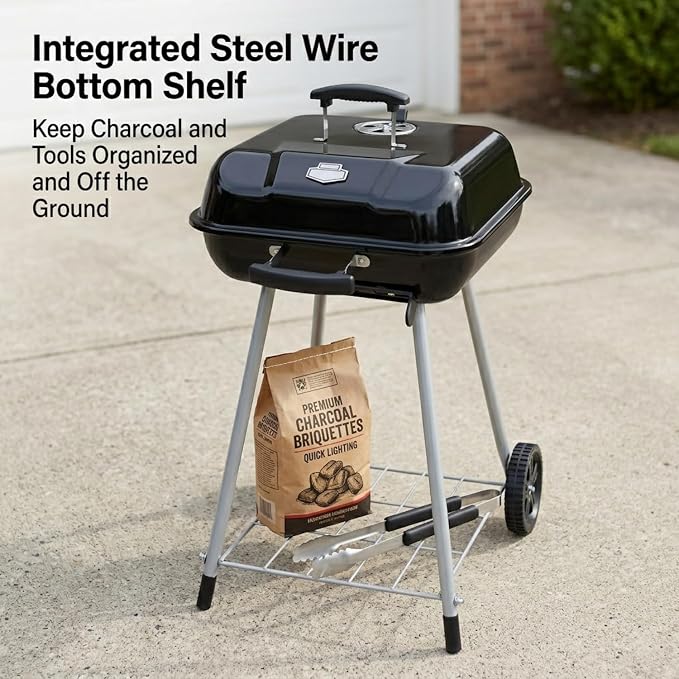 17.5 Inch Square Charcoal Grill with Wheels, Portable Outdoor BBQ Kettle Grill for Patio and Backyard Cooking, Porcelain-Coated Steel Grates and Adjustable Dampers, 302 Sq In Cooking Area, Black