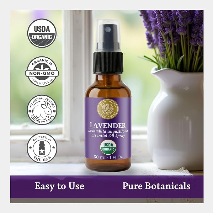 Silk Road Organic Lavender Essential Oil Spray, Lavandula Angustifolia, 100% Pure USDA Certified Aromatherapy for Calming, Relaxation & Skin – 1 oz Spray - Always Pure, Always Organic