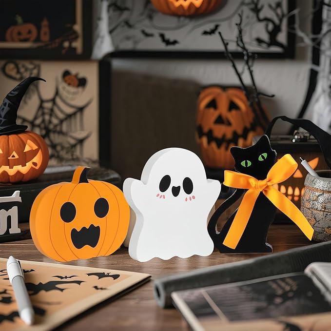 Cute Halloween Ghost Decor-Cute Halloween Tiered Tray Decorations Indoor, Ghost Wooden Decor Black Cat Pumpkin Blocks Signs (Set of 3) for Home Shelf Mantel Tabletop Windowsill Party