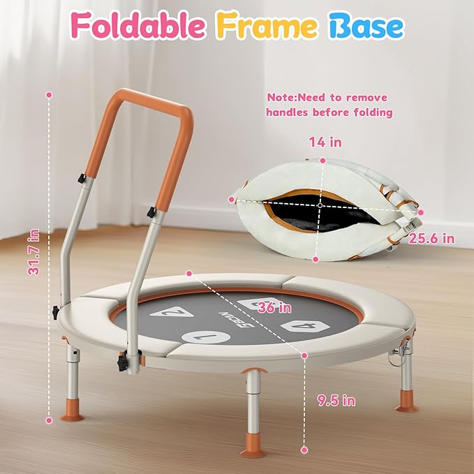 BCAN BT1 36'' Toddler Trampoline, ASTM Certified-Foldable Mini Trampolines for Kids Ages 1-6, Adjustable Handle, Safety Pad & Foldable Legs, Baby Trampoline Indoor/Garden, Gift for Boy and Girl