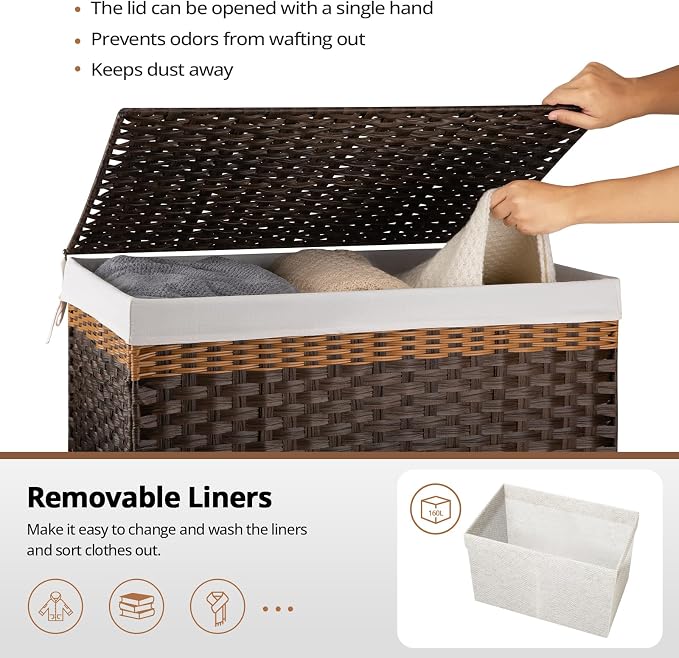 OIAHOMY Storage Basket with Lid, 42.3 Gallon (160L) Blanket Basket with Removable Liner Bag, Synthetic Wicker Hamper with Handle, Foldable, Hamper for Living Room, Brown