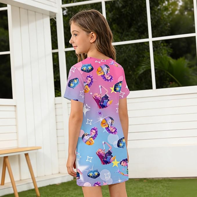 Girl's Anime K-POP Graphic Long Dress T-Shirt - Casual Loose Fit Short Sleeve Top