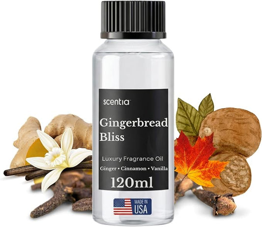 Scentia Gingerbread Bliss Fragrance Oil – 120 ml Christmas Diffuser Oil | Cozy Holiday Blend with Nutmeg, Cinnamon & Vanilla | Aromatherapy for Home, Candles, Soaps & Holiday Décor | Made in USA