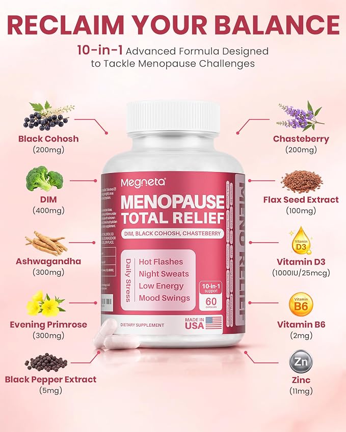 Menopause Supplements for Women - 10-in-1 Hormone Balance Complex with Black Cohosh, DIM, Chasteberry & Ashwagandha - Support for Hot Flashes, Night Sweats, Mood Swings & Sleep, 60 Capsules