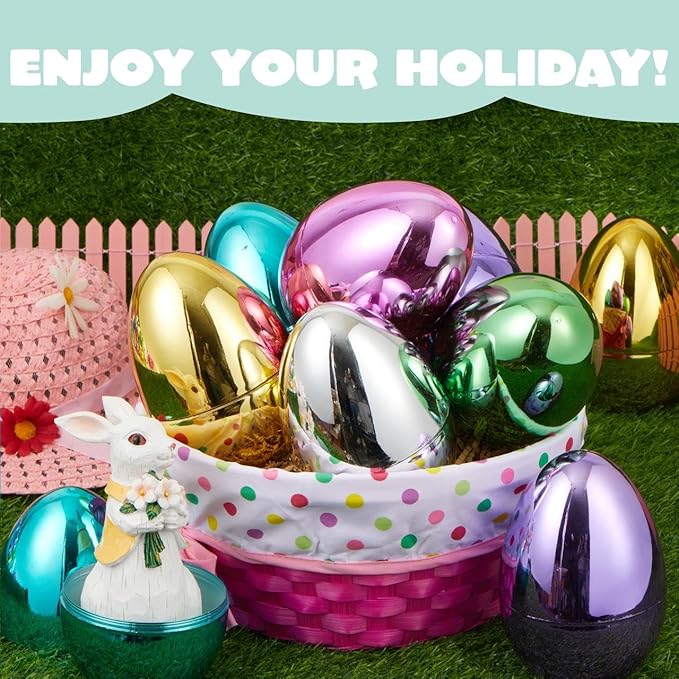 JOYIN 6 Pcs Large Metallic Easter Eggs, 6 Inches Colorful Jumbo Plastic Eggs Fillable for Easter Themed Hunt Basket Stuffers Fillers Filling Treats Party Favor Classroom Prize Supplies