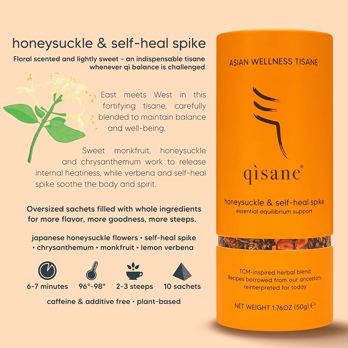 Qìsane Organic Honeysuckle Tea Bags with Chinese Medicinal Plants - Dried Honeysuckle Flowers, Self Heal Spike, Lemon Verbena & Monkfruit to Help Support Detox - 10 Loose Leaf Tea sachets (~30 cups)