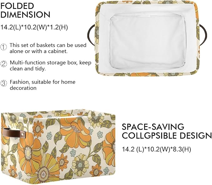 Aslsiy Storage Basket Vintage 70s Style Flowers Nursery Bins Baby Box Canvas Clothes Shelf Basket Laundry Hamper Gift Baskets for Home Closet 1 Pcs