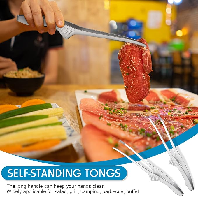 Patelai 8 Pieces Korean and Japanese BBQ Tongs Non Slip Cooking Utensils Stainless Steel Tongs for Serving Food, Salad, Camping, Barbecue, Buffet, Oven with Support Stand (Silver)