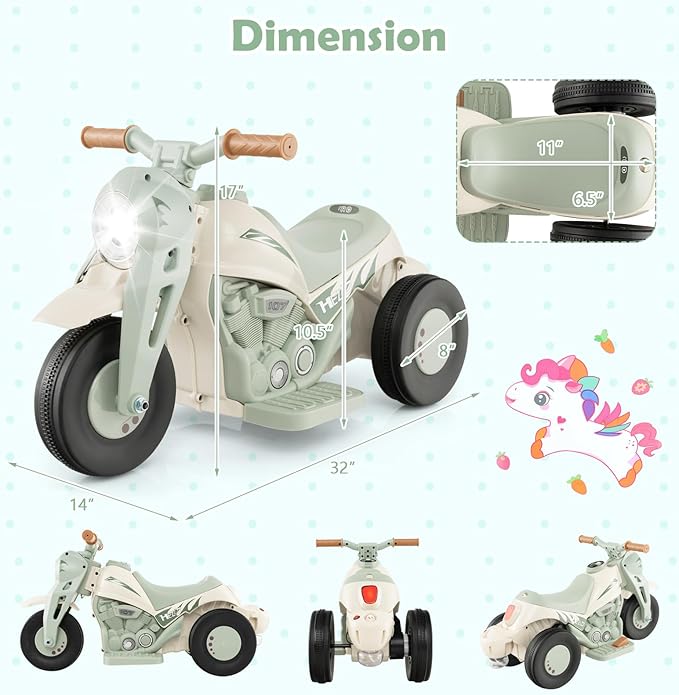 Honey Joy Ride On Motorcycle,6V Toddler Motorcycle with Bubble Maker,LED Light,Music,Foot Pedal,Forward/Backward,3-Wheel Battery Powered Electric Motorcycle for Kids,Gift for Boys Girls (Beige)