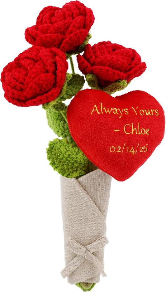 June Garden 17" Crochet Rose Flower Bouquet with Customizable Heart – 3 Soft Plush Rose with Bendable Stems – Personalized Embroidered Gift for Valentine’s Day, Anniversary or Home Décor
