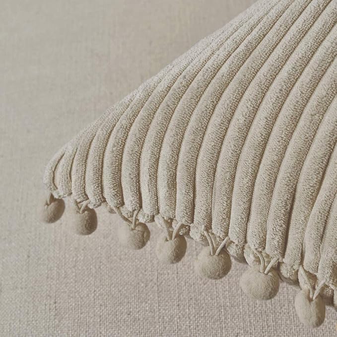 Fancy Homi Pack of 2 Tan Decorative Throw Pillow Covers with Pom-poms, Soft Corduroy Solid Square Cushion Cases Set for Living Room Couch Sofa Bedroom Car (16x16 Inch/40x40 cm, Tan)