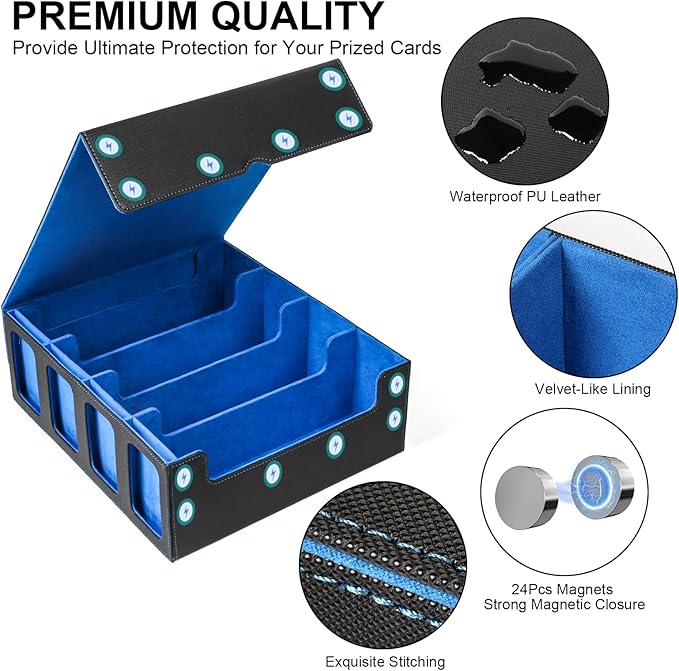 GEAoffice Trading Card Storage Box with Commander Display, 3200+ Card Deck Case with Magnetic Removable Lid, 4-Row Deck Box for MTG/TCG/Sports/Games, 10 Stoppers, 24 Dividers, 1 Dice Tray, Black Blue