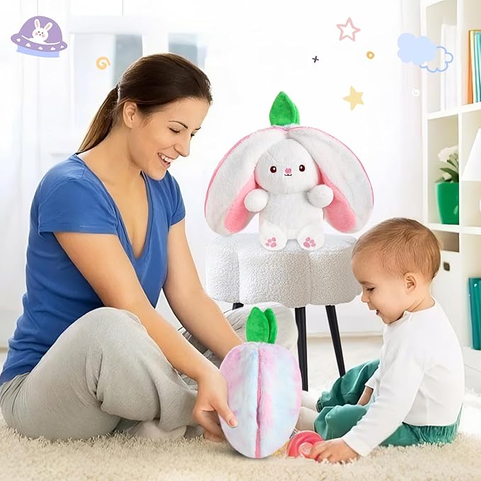 MIAODAM Strawberry Bunny Stuffed Animal, Cute Reversible Plush Nebula & Strawberry to Rabbit Doll, Funny Bunny Toy for Babies and Children (7 Inch)
