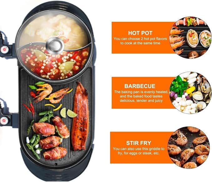 27″ Hot pot with Grill,Electric BBQ Grill 2200W Non-Stick Korean Barbecue Grill for 2-12 People,Independent Dual Temperature Control(110V)