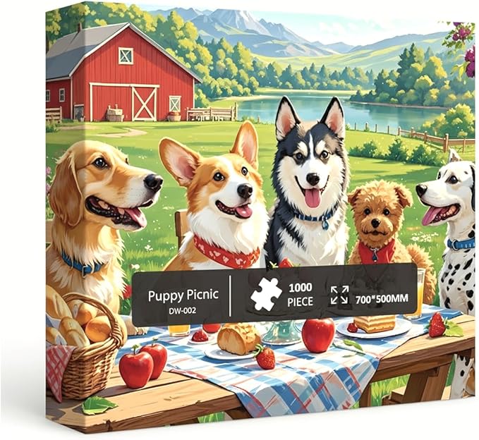 1000 Pieces Jigsaw Puzzles for Adults, Animal Series - Detailed Wildlife Art, Educational Family Game, Large 28" x 20", Great Gift for Animal Lovers & Home Decor（Puppy Picnic）