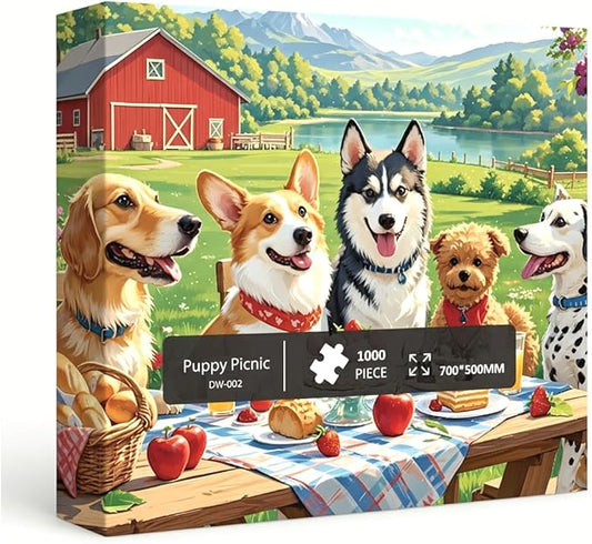 1000 Pieces Jigsaw Puzzles for Adults, Animal Series - Detailed Wildlife Art, Educational Family Game, Large 28" x 20", Great Gift for Animal Lovers & Home Decor（Puppy Picnic）