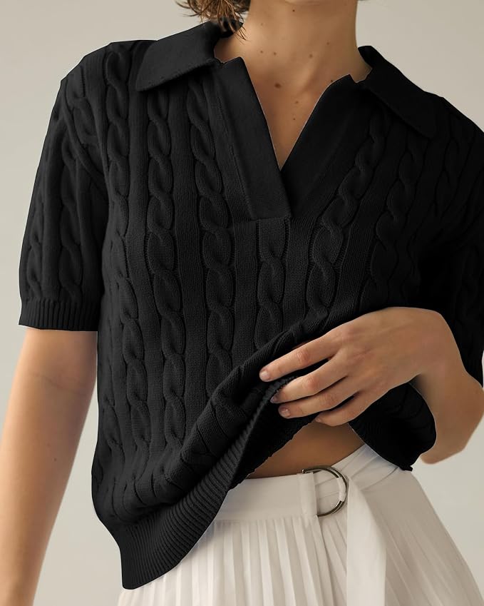 Imily Bela Womens Cable Short Sleeve Sweaters Tops Lapel V Neck Knit Shirt | Solid,Knit Casual,Soft Pullover,Fall Sweaters,Womens Summer Work Tops