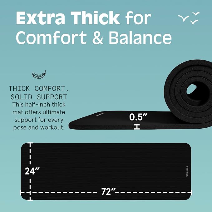 Retrospec Solana Yoga Mat Thick 1/2in Non-Slip Workout Mat with Nylon Strap - 72x24in Exercise Mat for Pilates, Stretching & Fitness - BPA Free, Easy Clean