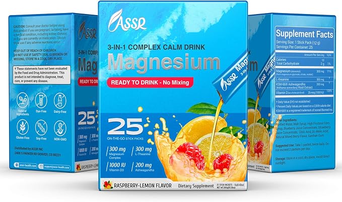 ASSR Supplement Ready to Drink No Mix, Triple Magnesium Glycinate, Malate, Citrate, Ashwagandha, L Theanine, Vitamin D, 25ct
