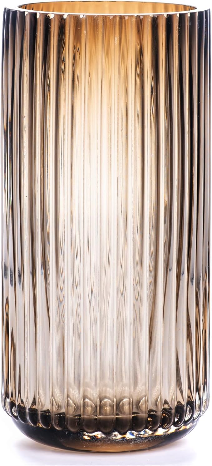 Flower Vase 10 inch Amber Thickened Hand Blow Glass Vase Round Vintage Striped Bottles for Bookshelf,Dinner Table,Indoor Office Desktop,Meeting Room,Bathroom,Home