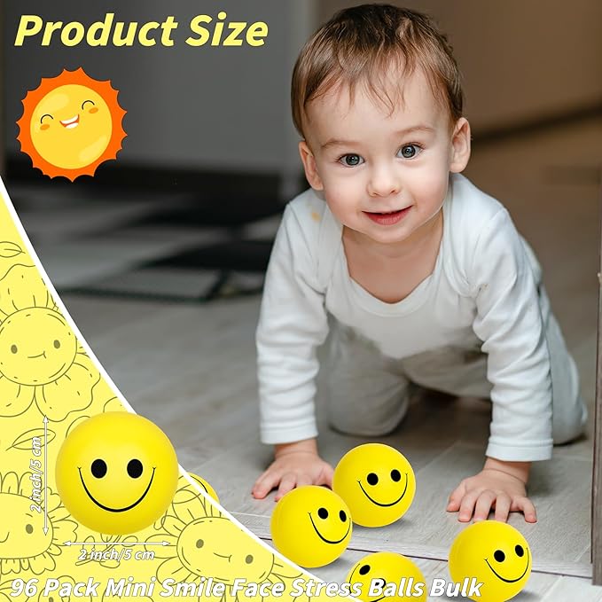 96 Pack Smile Face Stress Balls Bulk 2 Inch Funny Face Stress Relief Balls Yellow Mini Squeeze Balls Foam Smile Face Toys for Finger Exercise, School Prizes, Party Bag Fillers
