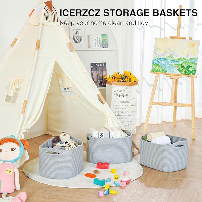 ICERZCZ Storage Baskets for Organizing Shelves, Woven Cotton Rope Bins for Baby Nursery Organization, Book Toy Towel Organizer, 15"x11"x9.5", 3 Packs, Grey