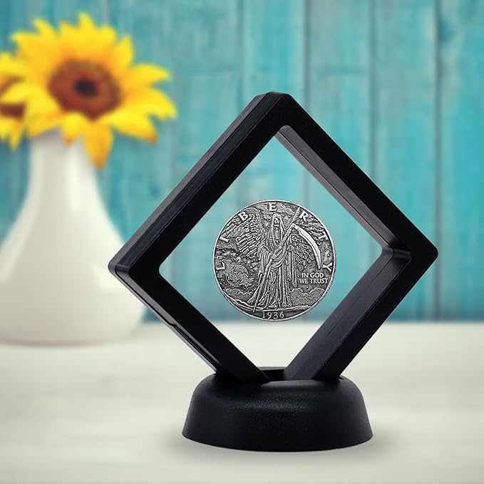 10Pcs Coin Holder Challenge Coin Display Stand, Black 3D Floating Display Case for AA Coin Medallions Jewelry Rock Gem Arrowhead Collecting and Display (2.75×2.75×0.8 inches)