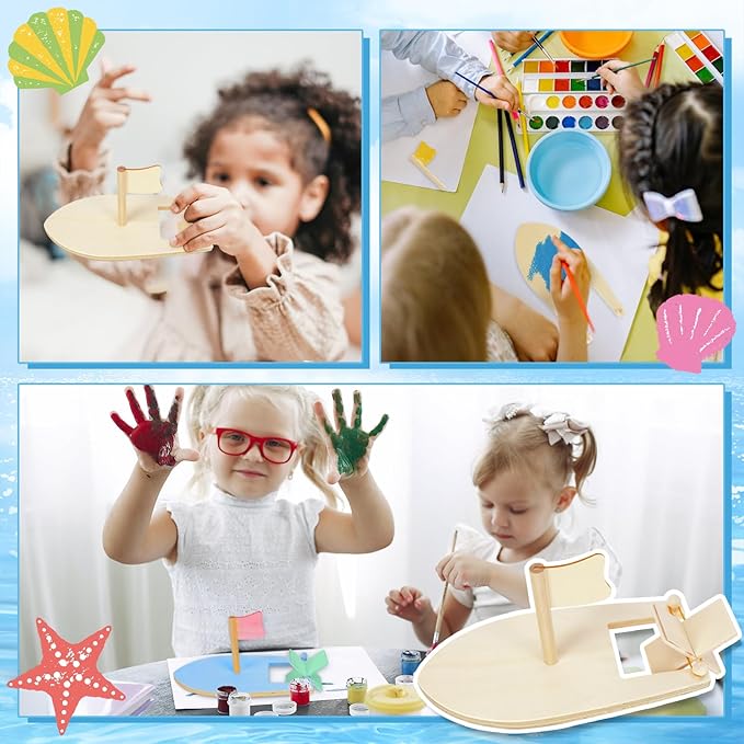 Amersumer 10 Pcs DIY Toy Wood Boat Craft Kits, Mini Wooden Sailboat Kits, Paddle Boats Paint and Decorate for School Projects, Make Your Own Sailboat Craft