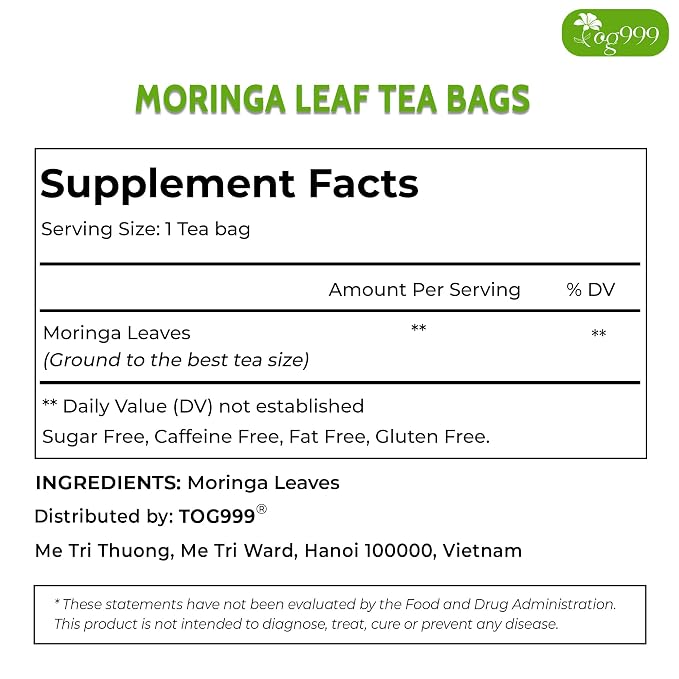 TOG999, Premium 120 Moringa Leaf Tea Bags, 100% Natural & Pure. Loose Leaf Moringa Herbal Tea. No Sugar, No Caffeine, No Gluten, Vegan.