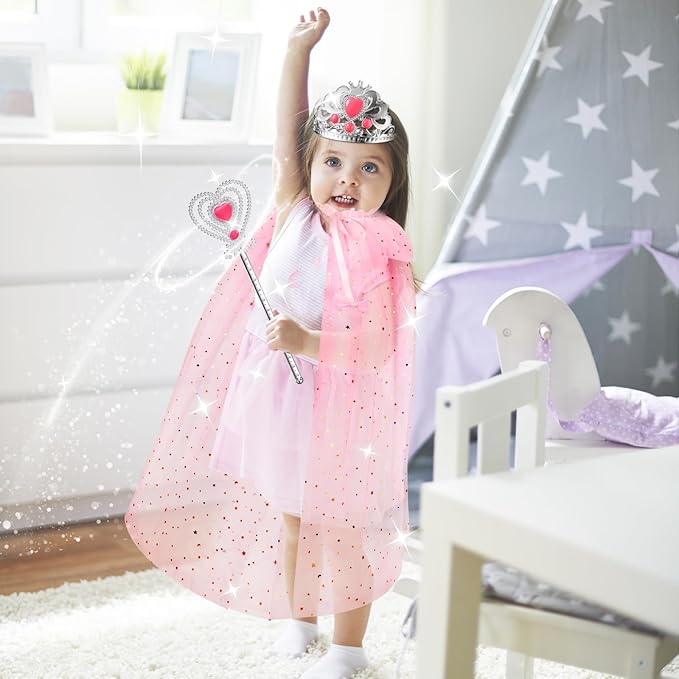Princess Dress Up Clothes for Little Girls, 10 Pcs Toddler Dress Up Toys, Princess Cape with Crown, Wand, Jewelry, Princess Play Toys Gifts for 3 4 5 6 Year Old Girls(Pink)