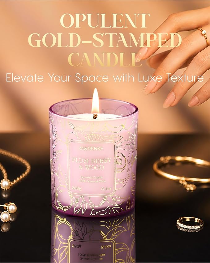 M&SENSE Plum Berry Wood Soy Candle, 8.1oz Gilded Glass, Fall Warmth Gift | 42H Long Burn, Non-Toxic, Cozy Relax Romantic Home Fragrance, Warmer Compatible, Reusable Glass, Sensitivity-Safe