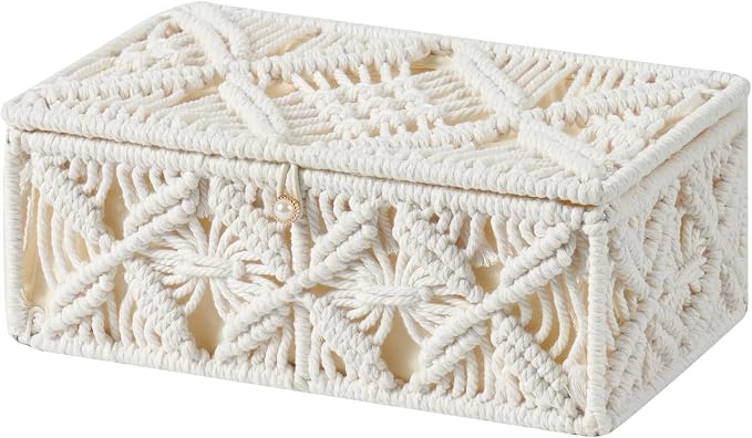 Decorative Boho Storage Baskets with Lid Natural Macrame Boxes | Handmade Cotton Rope Woven Bins, Shelf Desk Organizer Container for Jewelry Memory Keepsake Photo Makeup, Off White, Small