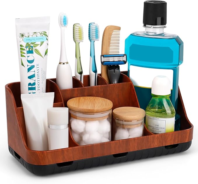 GFWARE Bathroom Decor and Accessories - Detachable 7 Slots Kids Electric Toothbrush and Toothpaste Holde for Bathroom Tray Countertop Vanity Storage, Bathroom Sink Storage Organizer, Red Wood