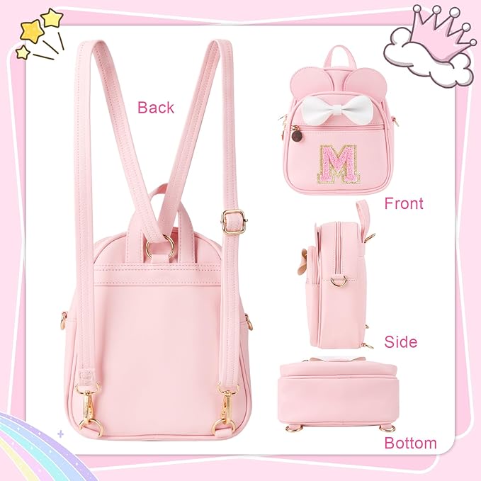 Personalized Toddler Backpack for Girls 3–10, Cute Mini Bowknot Mouse-Ear Toddler Bookbag Crossbody Purse, Small Daypack Wallet Set, Initial Birthday Gift, Trendy Little Kids/Teen Bag(Pink,M)