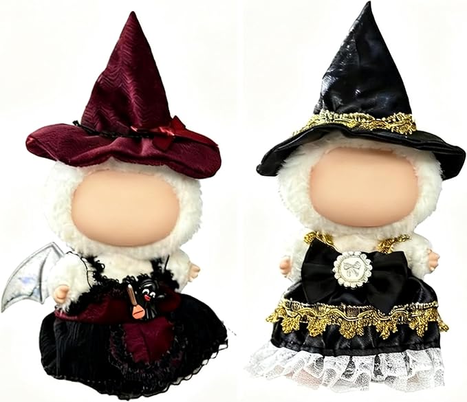 Halloween Doll Clothes Set for 17cm Dolls – Stylish Outfit with 2 Witch Hat, 2 Suspender Skirts, Cute Clothes for Halloween & Cosplay Essential (Red+Black) (Doll Not Included) 2PCS