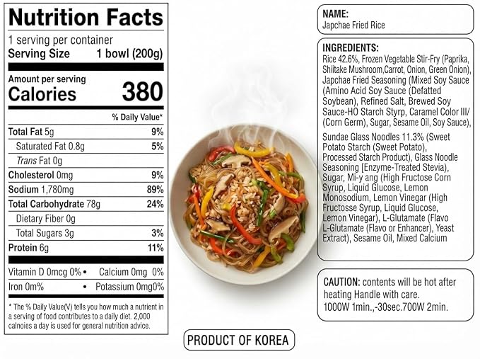 Japchae Fried Rice Bowls, Korean Glass Noodle Veggie Stir Fry Rice, 12 Pack